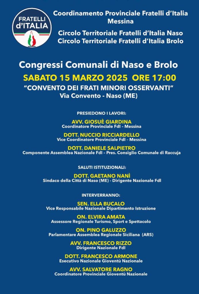 CONGRESSI COMUNALI –  Uniti, Naso e Brolo per un evento politico di rilievo per Fratelli d’Italia