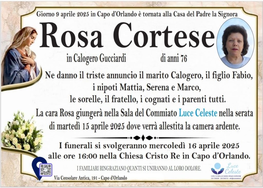 CAPO D’ORLANDO – Oggi i funerali di Rosa Cortese