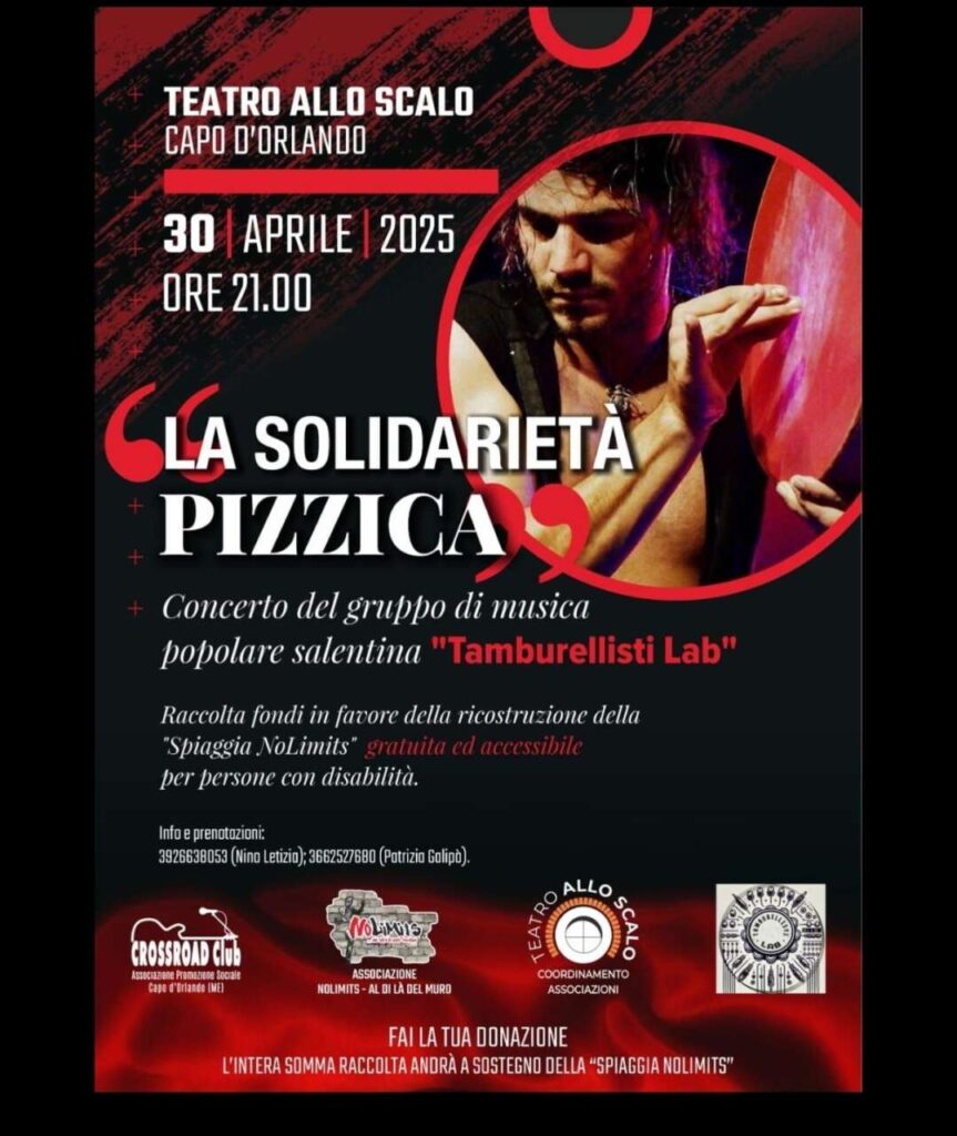 PIZZICA & SOLIDARIETA’ A CAPO D’ORLANDO – Questa sera al Teatro allo Scalo con i Tamburellisti Lab per la “Spiaggia No Limits”