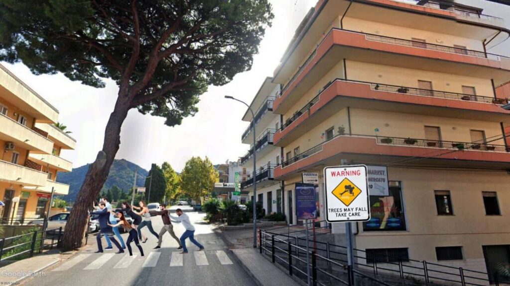 BROLO – Tra ironia e denuncia, albero pericoloso minaccia abitazioni e viabilità