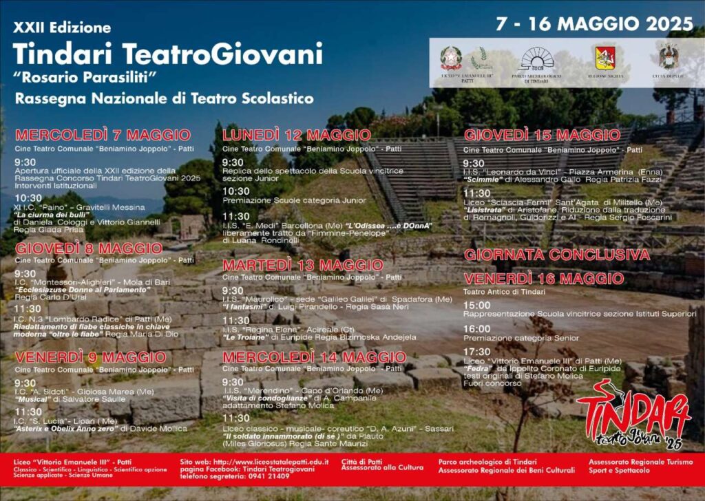 TINDARI TEATROGIOVANI  – Al via il 7 maggio al Cineteatro comunale “Beniamino Joppolo” la 22esima edizione