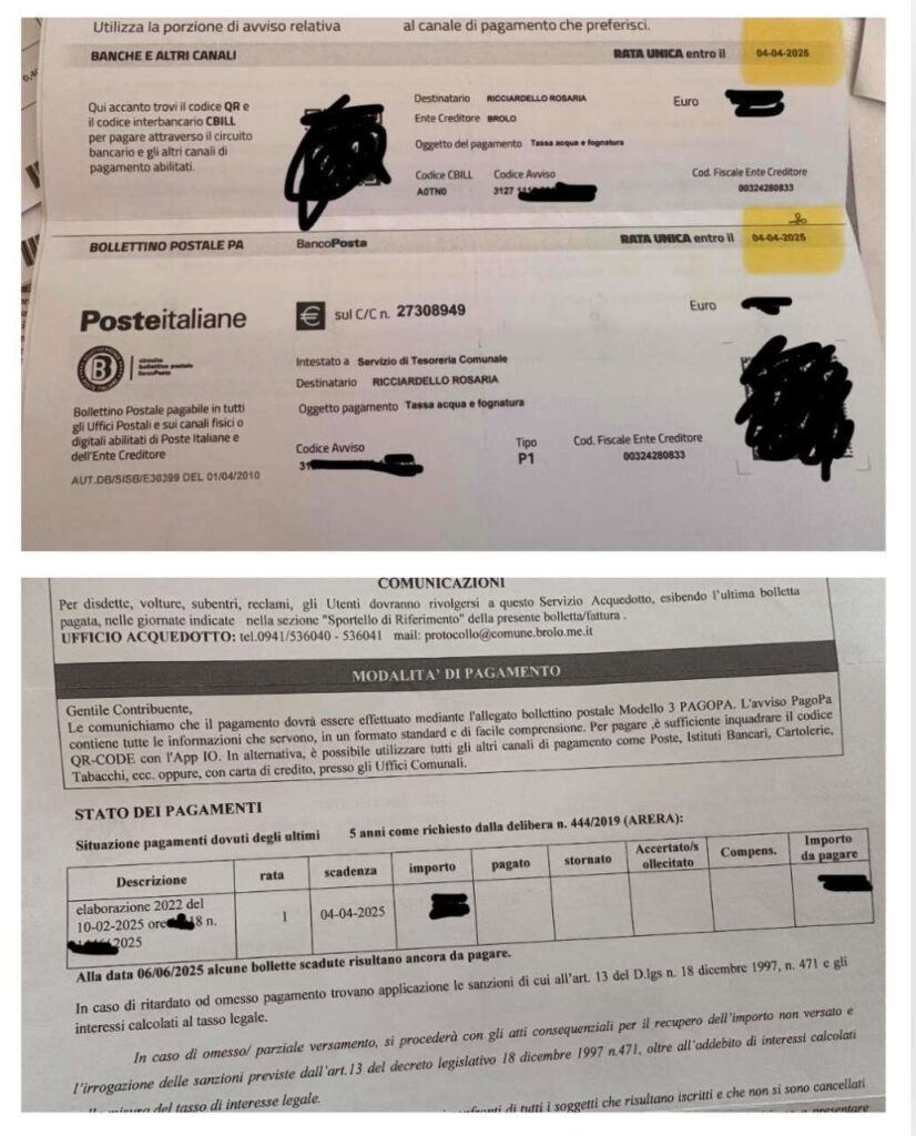 BROLO – Miraglia: «Bollette recapitate già scadute, serve chiarezza dal Comune» ed il comune fissa nuove date di pagamento