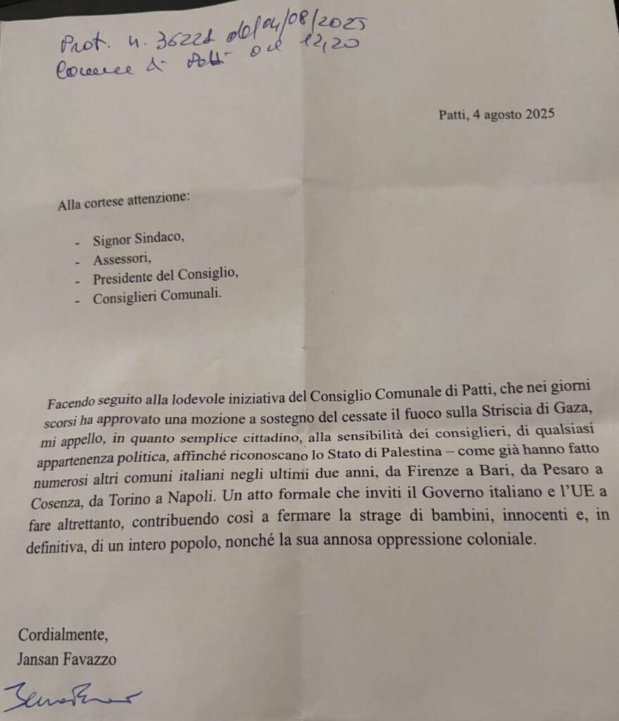 PATTI – Una mozione per il riconoscimento dello Stato di Palestina: un appello civico al Consiglio Comunale
