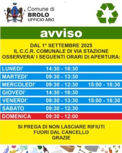 BROLO – nuovi orari per il Centro Comunale di Raccolta