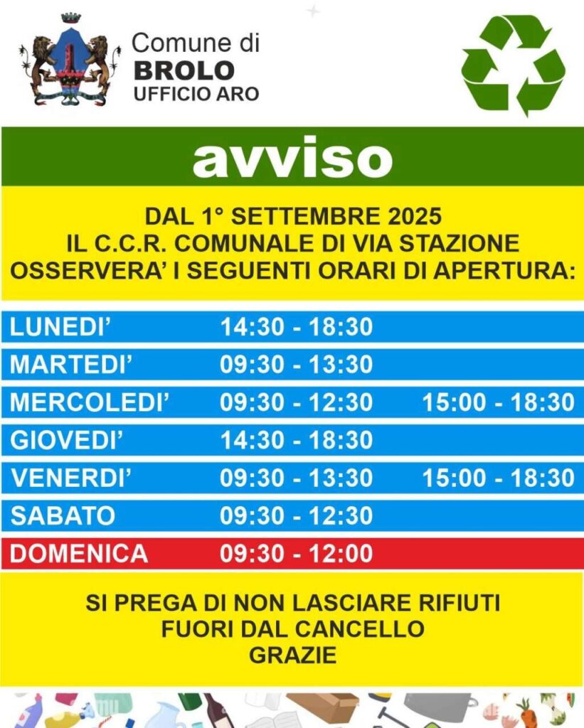 BROLO – nuovi orari per il Centro Comunale di Raccolta