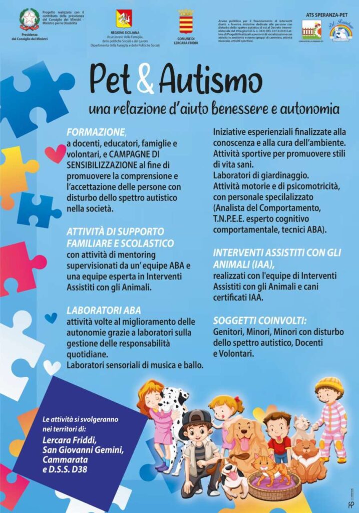 PET & AUTISMO – A Lercara Friddi al via il progetto: “Pet & Autismo: una relazione di aiuto, benessere e autonomia”