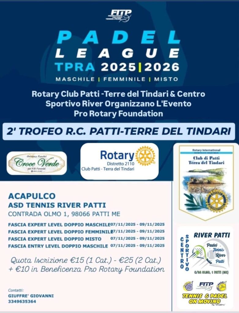 TROFEO ROTARY PADEL – Si svolgerà nel prossimo fine settimana 7-8 e 9 di novembre a Patti