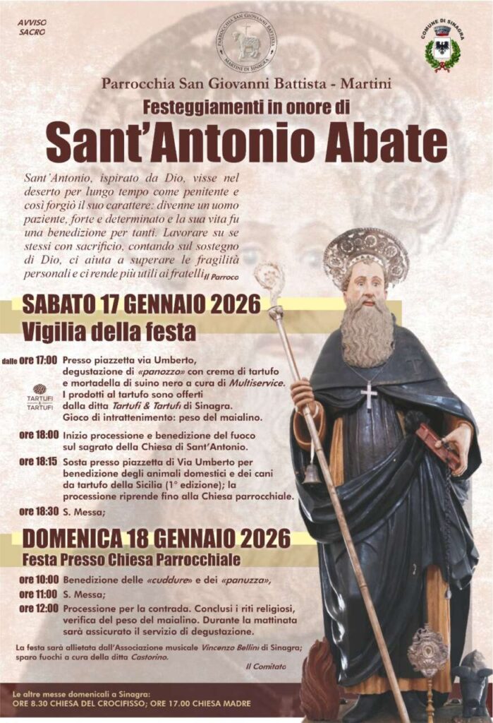 FEDE, TRADIZIONI, GASTRONOMIA, TARTUFI – Sinagra celebra Sant’Antonio Abate, e in contrada Martini sarà anche una festa enogastronomica