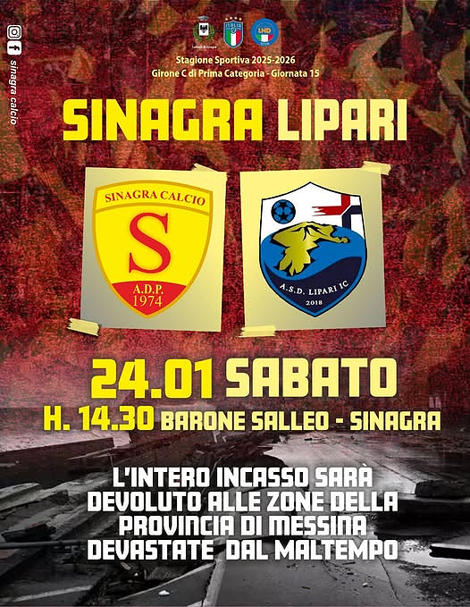 SOLIDARIETA’ IN CAMPO – Il Sinagra Calcio sabato scenderà in campo non solo per i tre punti, ma per devolvere l’incasso alla popolazione colpita da “Harry”