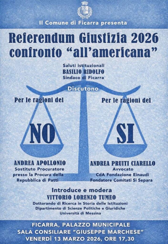 FICARRA – Confronto pubblico sul Referendum Giustizia 2026: dibattito tra le ragioni del Sì e del No