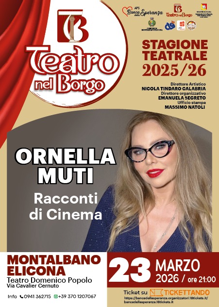 MONTALBANO ELICONA – Teatro, rinviato lo spettacolo “Racconti di cinema” di Ornella Muti