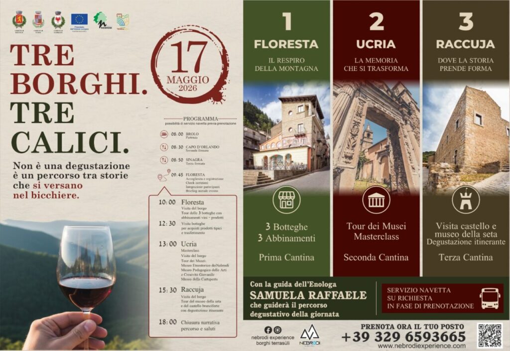 ITINERARI – “Tre Borghi. Tre Calici”: il 17 maggio un viaggio sensoriale tra Floresta, Ucria e Raccuja