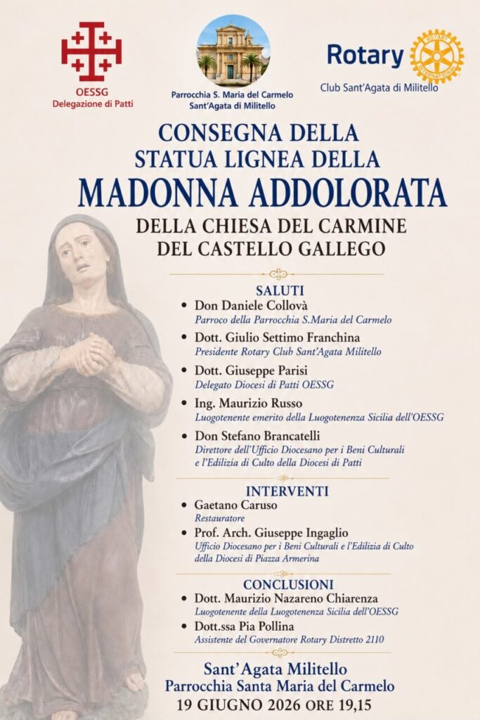 SANT’AGATA MILITELLO – Rotary Club, restituito alla comunità il simulacro dell’Addolorata