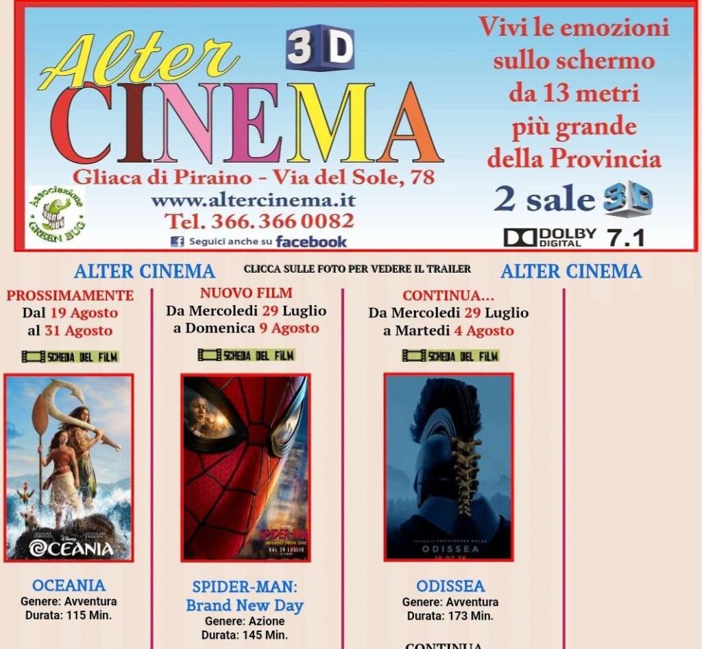SPETTACOLI AL CINEMA – Continua la programmazione di “Odissea” di Nolan e “Spider-Man” al Multisala Alter Cinema di Gliaca di Piraino