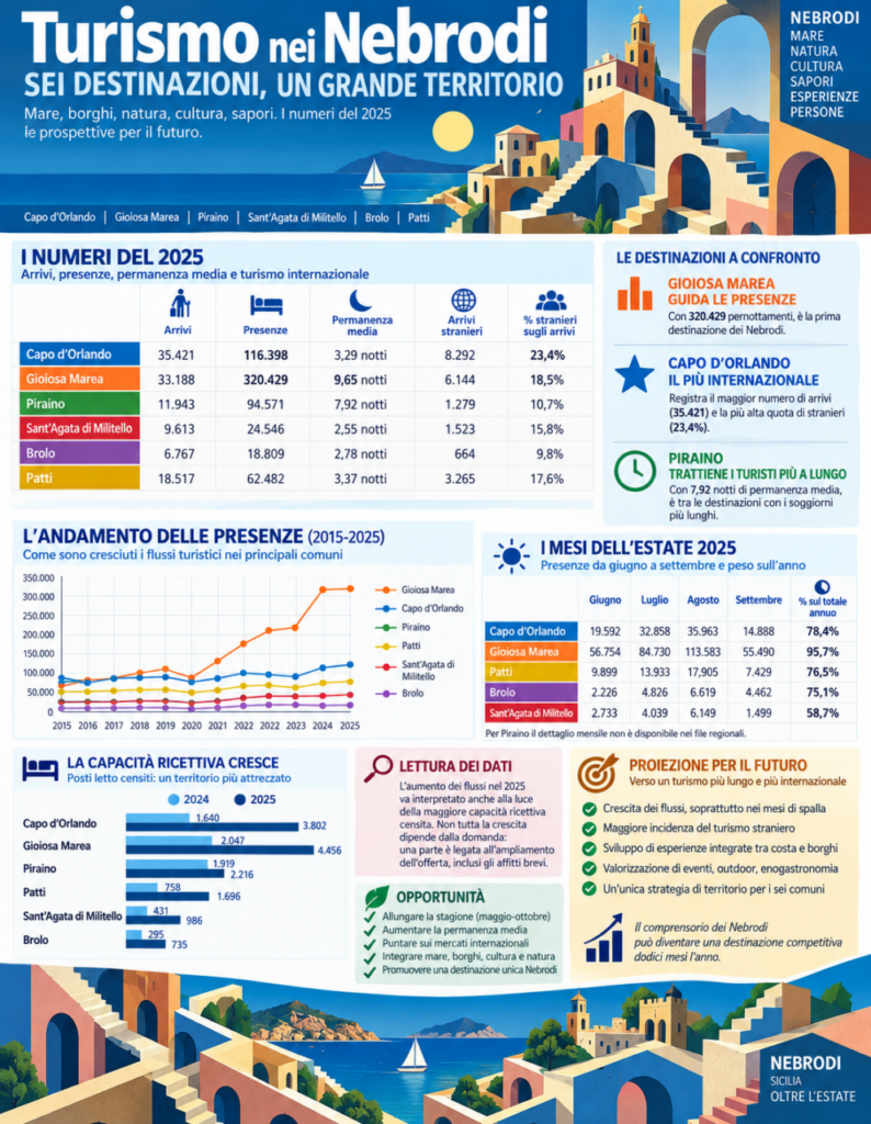 TURISMO SUI NEBRODI – I numeri raccontano sei destinazioni diverse: Gioiosa domina nelle presenze, Capo d’Orlando accelera, Piraino trattiene più a lungo