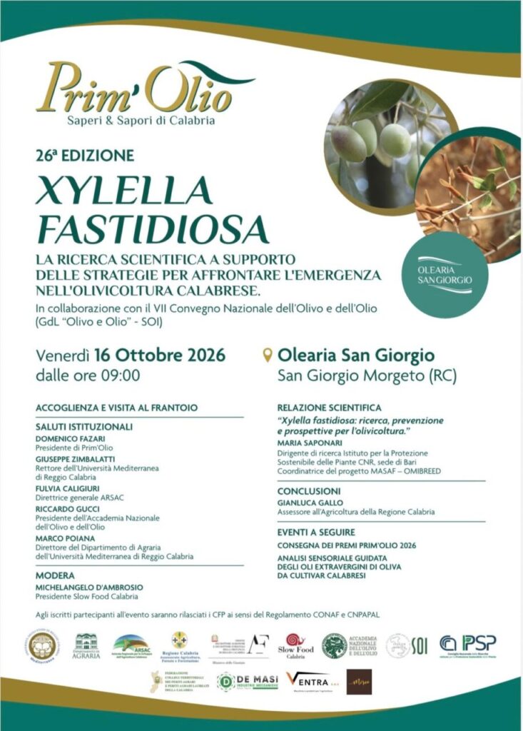 PRIM’OLIO TORNA CON LA 26A EDIZIONE – Venerdì 16 ottobre focus su xylella fastidiosa all’olearia San Giorgio